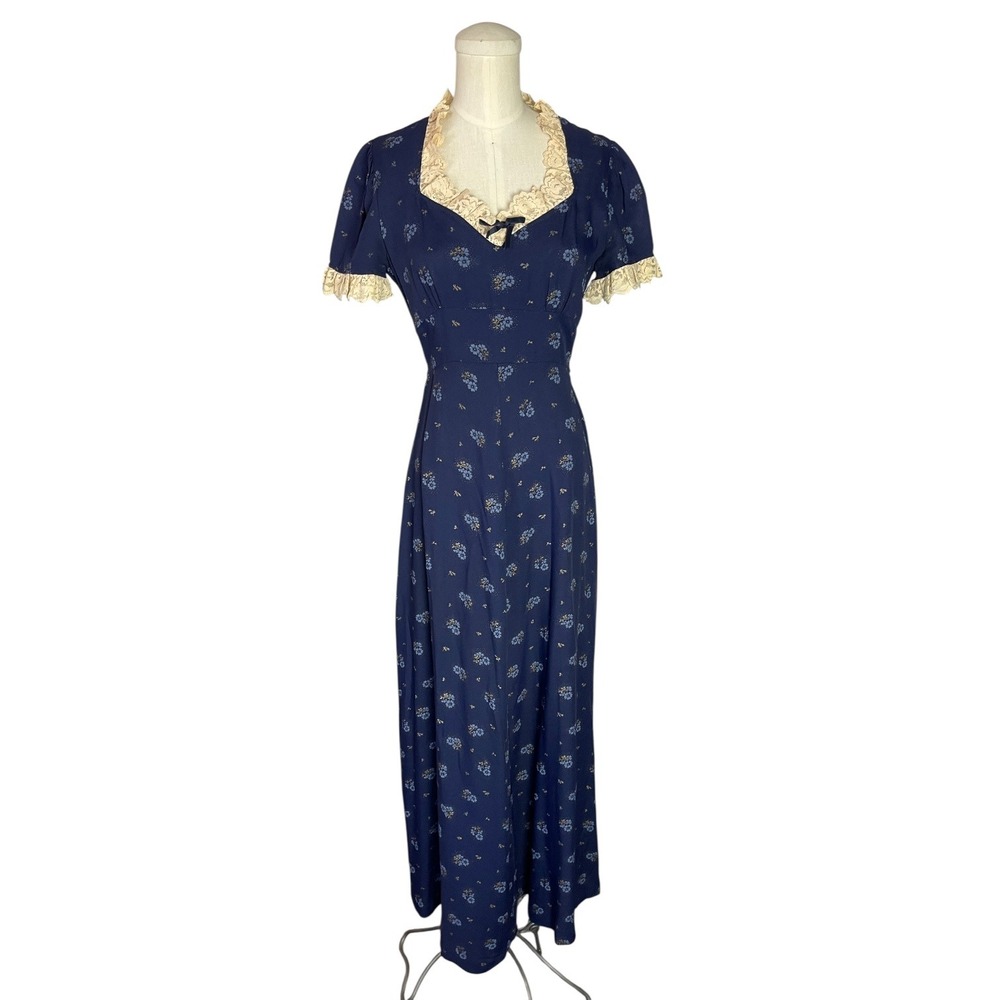 Vintage Navy Blue Floral Maxi Dress Lace Trim Tie Back Cottagecore Prairiecore - Picture 3 of 7
